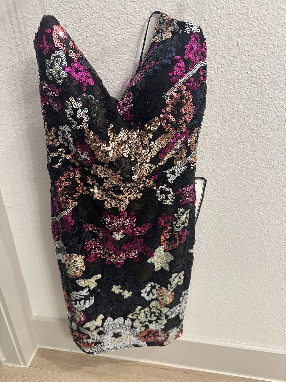 Macy's Black Sequin Floral Mini Dress with Gold and Pink Accents size 5
